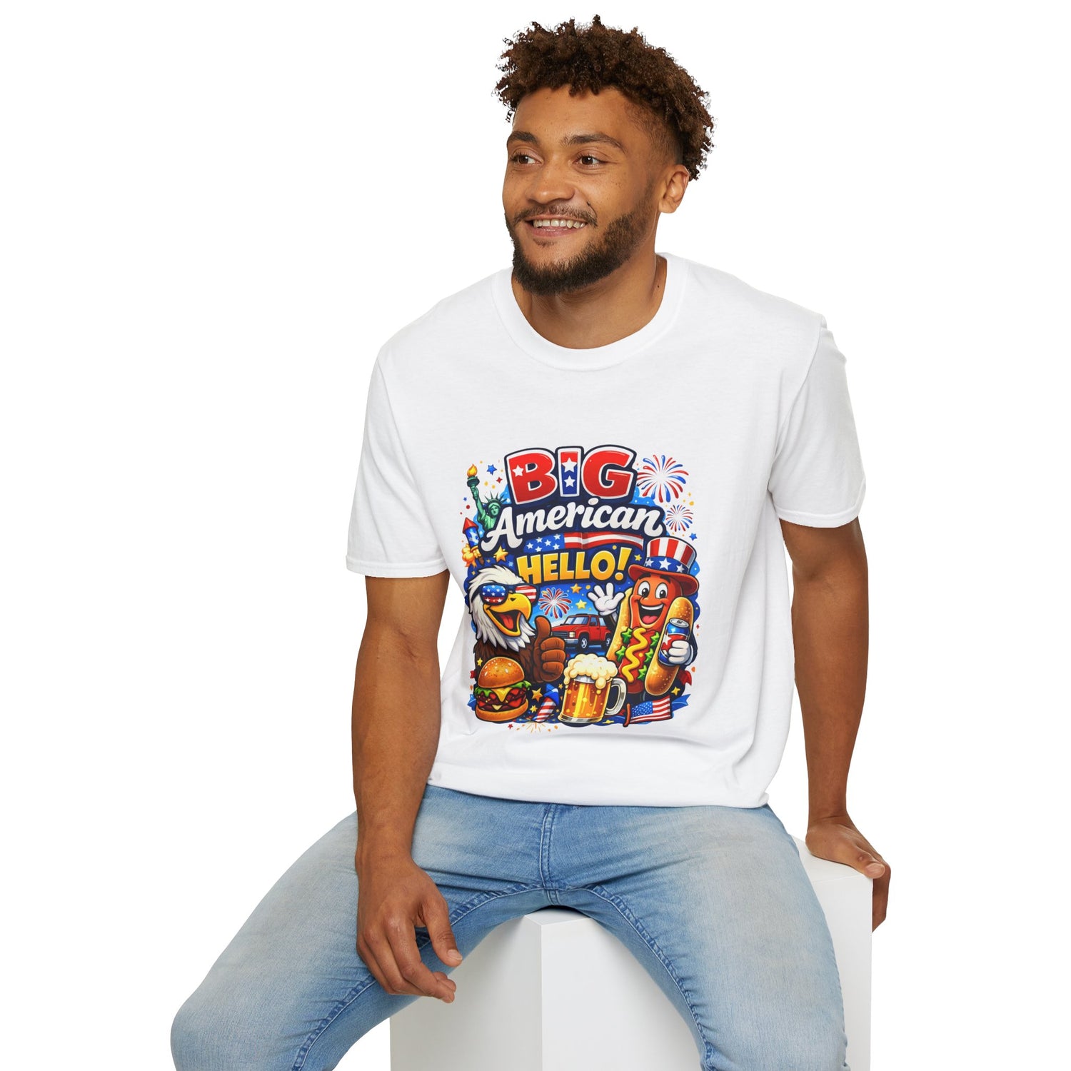 Big American Hello Funny T-Shirt Sarcastic Patriotic Graphic Tee Funny USA Gift 4th of July Novelty American Slogan Tee