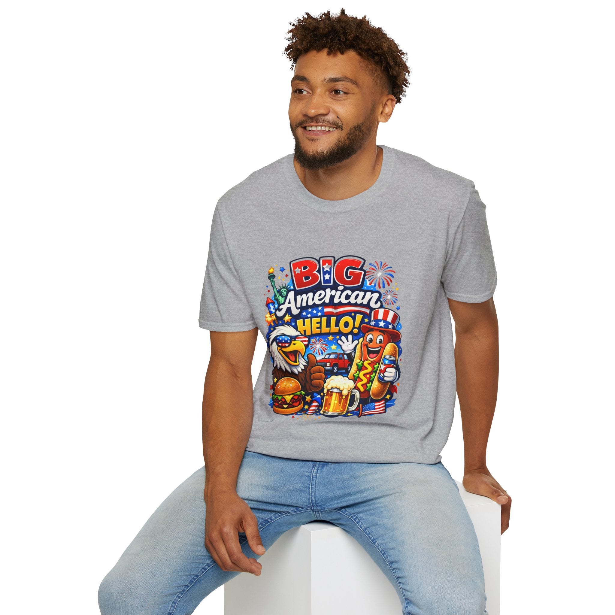 Big American Hello Funny T-Shirt Sarcastic Patriotic Graphic Tee Funny USA Gift 4th of July Novelty American Slogan Tee