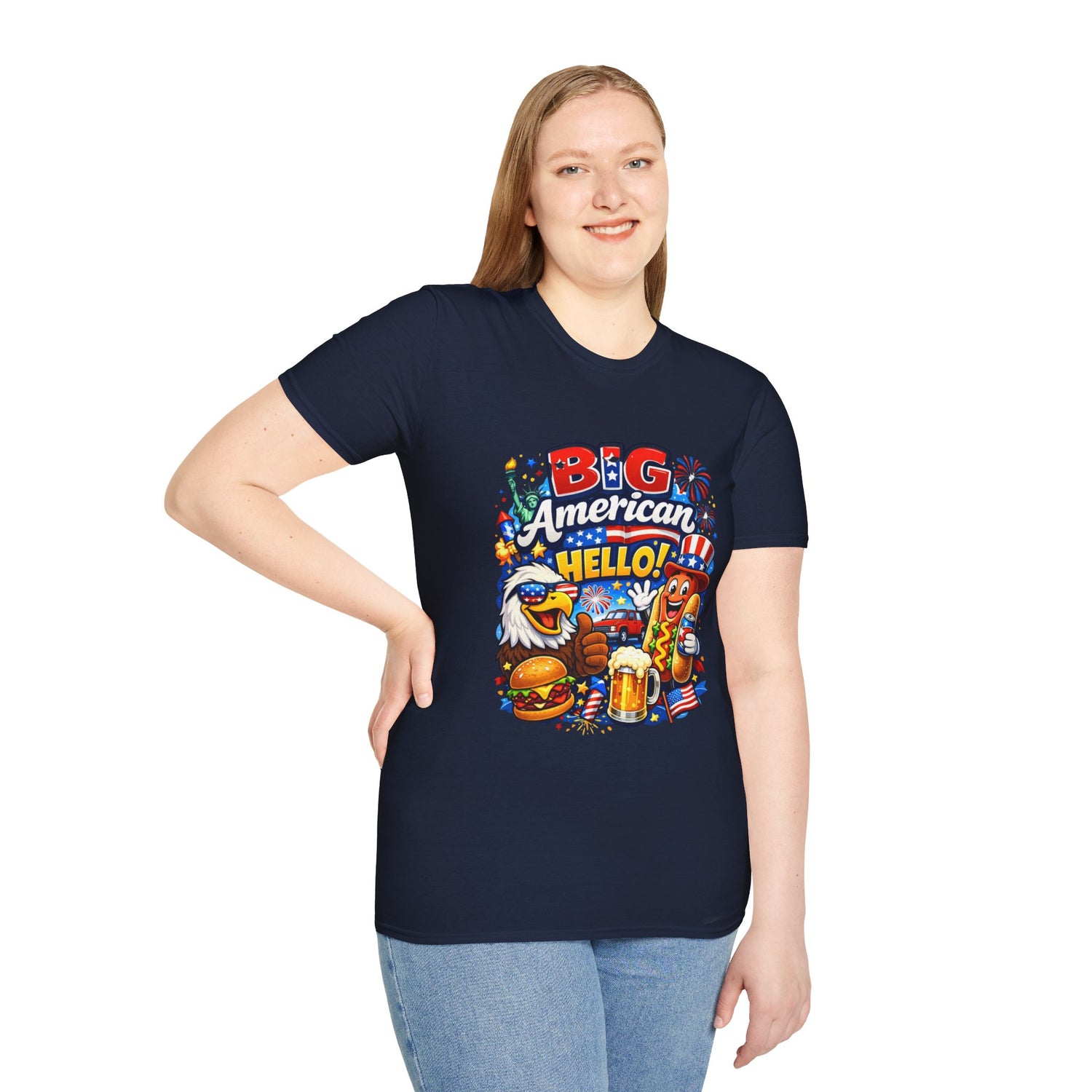 Big American Hello Funny T-Shirt Sarcastic Patriotic Graphic Tee Funny USA Gift 4th of July Novelty American Slogan Tee
