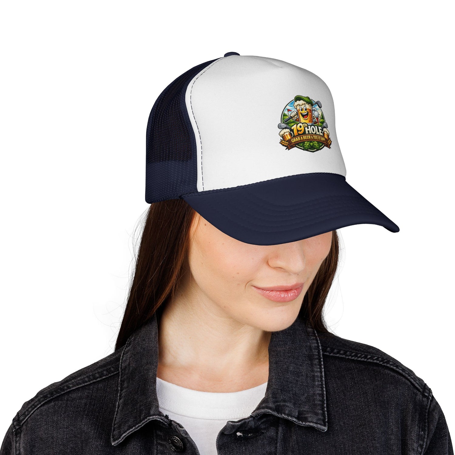 19 Hole Golf Trucker Cap — Funny Golfer Hat with Cartoon Mascot