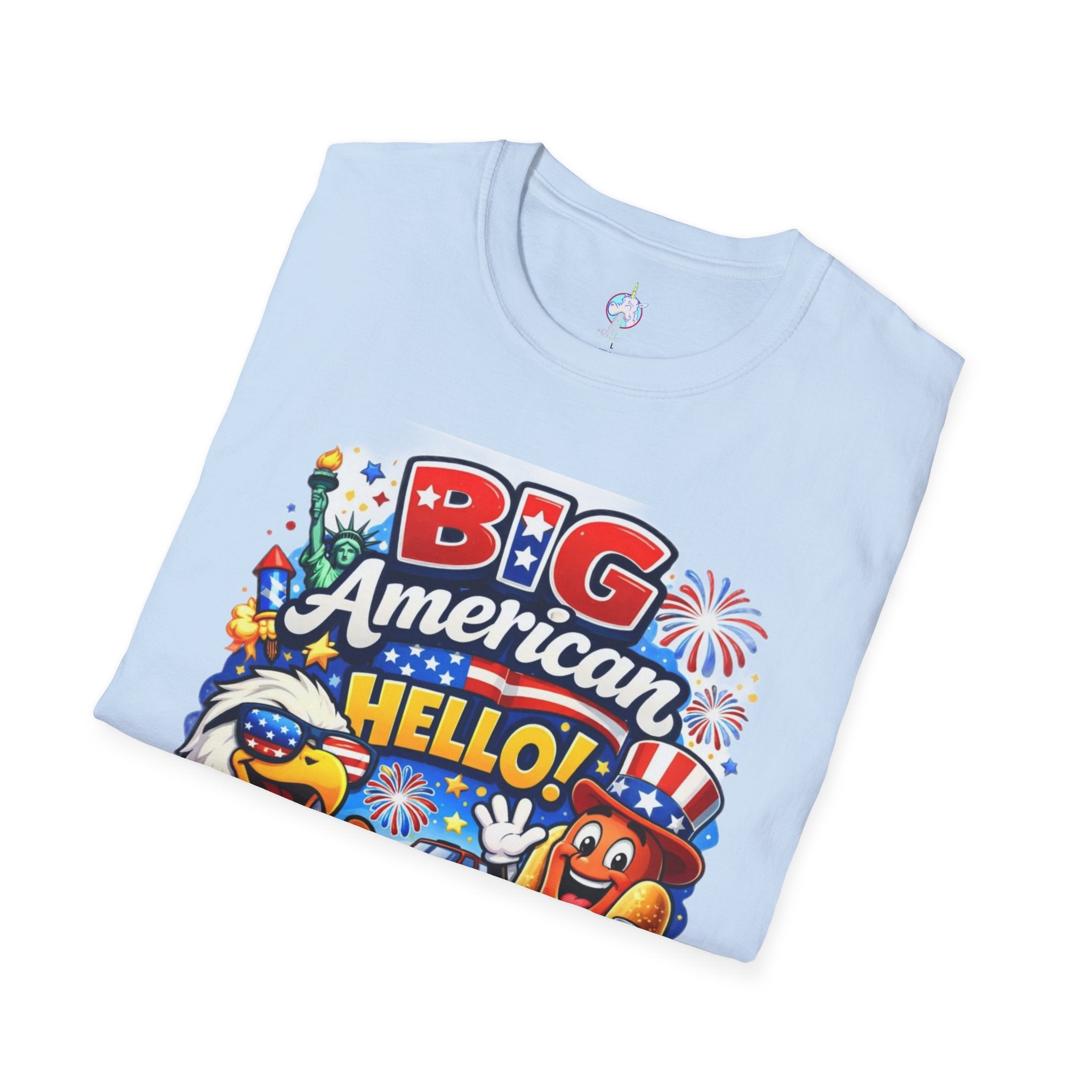 Fourth of July T-Shirt - "Big American Hello" Patriotic BBQ Eagle, Hot Dog &amp; Beer Tee