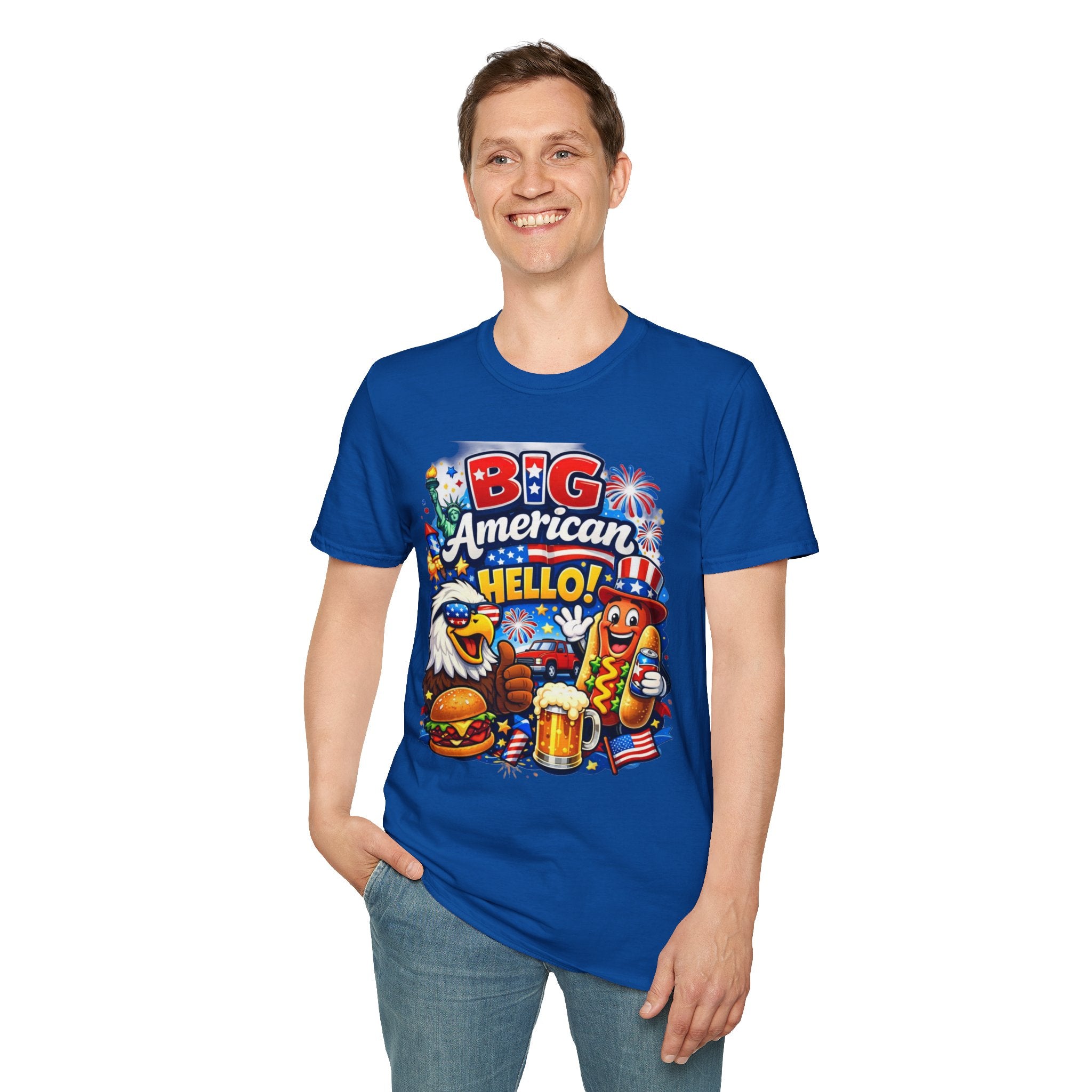 Fourth of July T-Shirt - "Big American Hello" Patriotic BBQ Eagle, Hot Dog &amp; Beer Tee