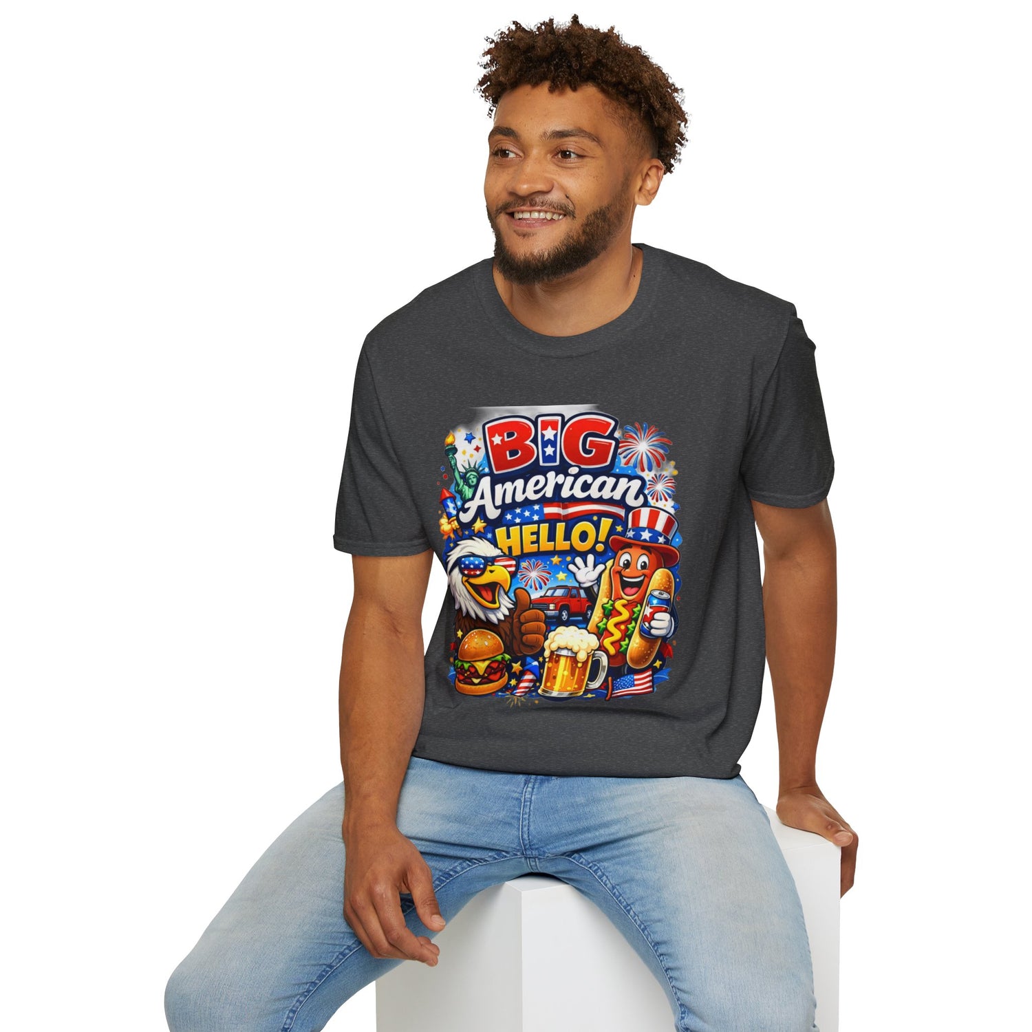 Fourth of July T-Shirt - "Big American Hello" Patriotic BBQ Eagle, Hot Dog &amp; Beer Tee