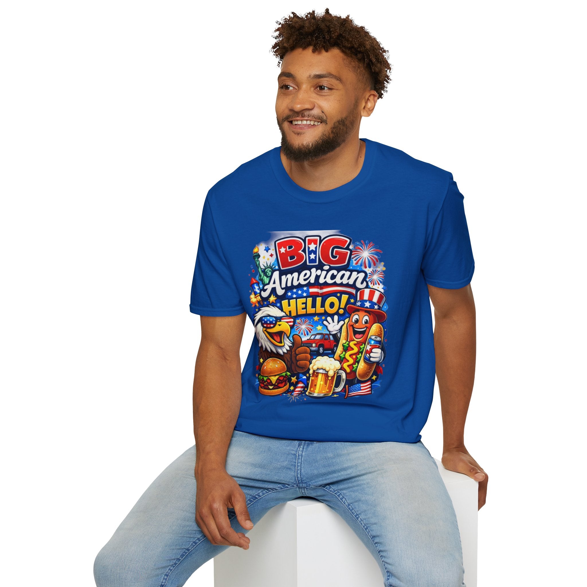 Fourth of July T-Shirt - "Big American Hello" Patriotic BBQ Eagle, Hot Dog &amp; Beer Tee