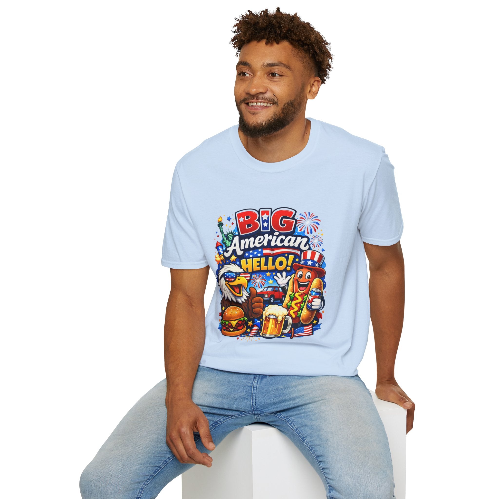 Big American Hello Funny T-Shirt Sarcastic Patriotic Graphic Tee Funny USA Gift 4th of July Novelty American Slogan Tee