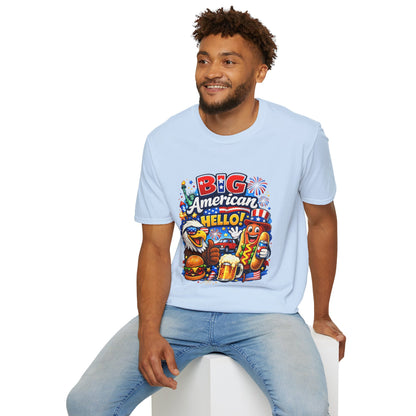 Big American Hello Funny T-Shirt Sarcastic Patriotic Graphic Tee Funny USA Gift 4th of July Novelty American Slogan Tee