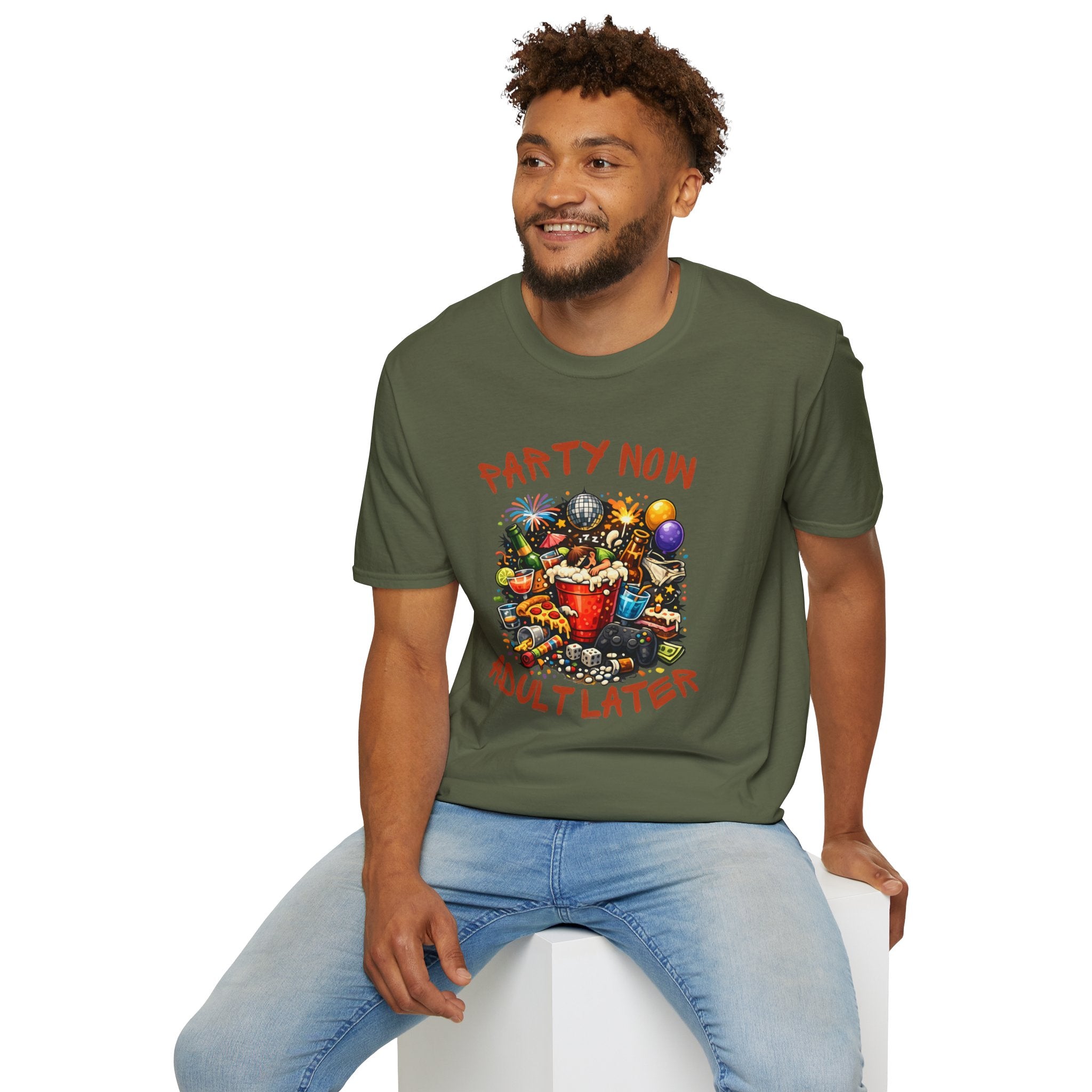 T-Shirt — “Party Now, Adult Later” Funny Party Graphic Tee
