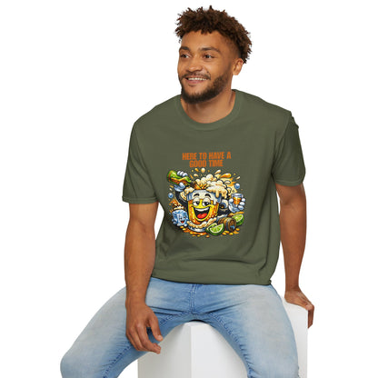 Beer Party T-Shirt — "Here to Have a Good Time" Cartoon Mug Graphic