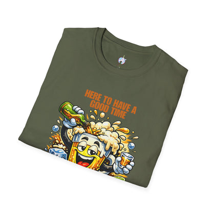 Beer Party T-Shirt — "Here to Have a Good Time" Cartoon Mug Graphic