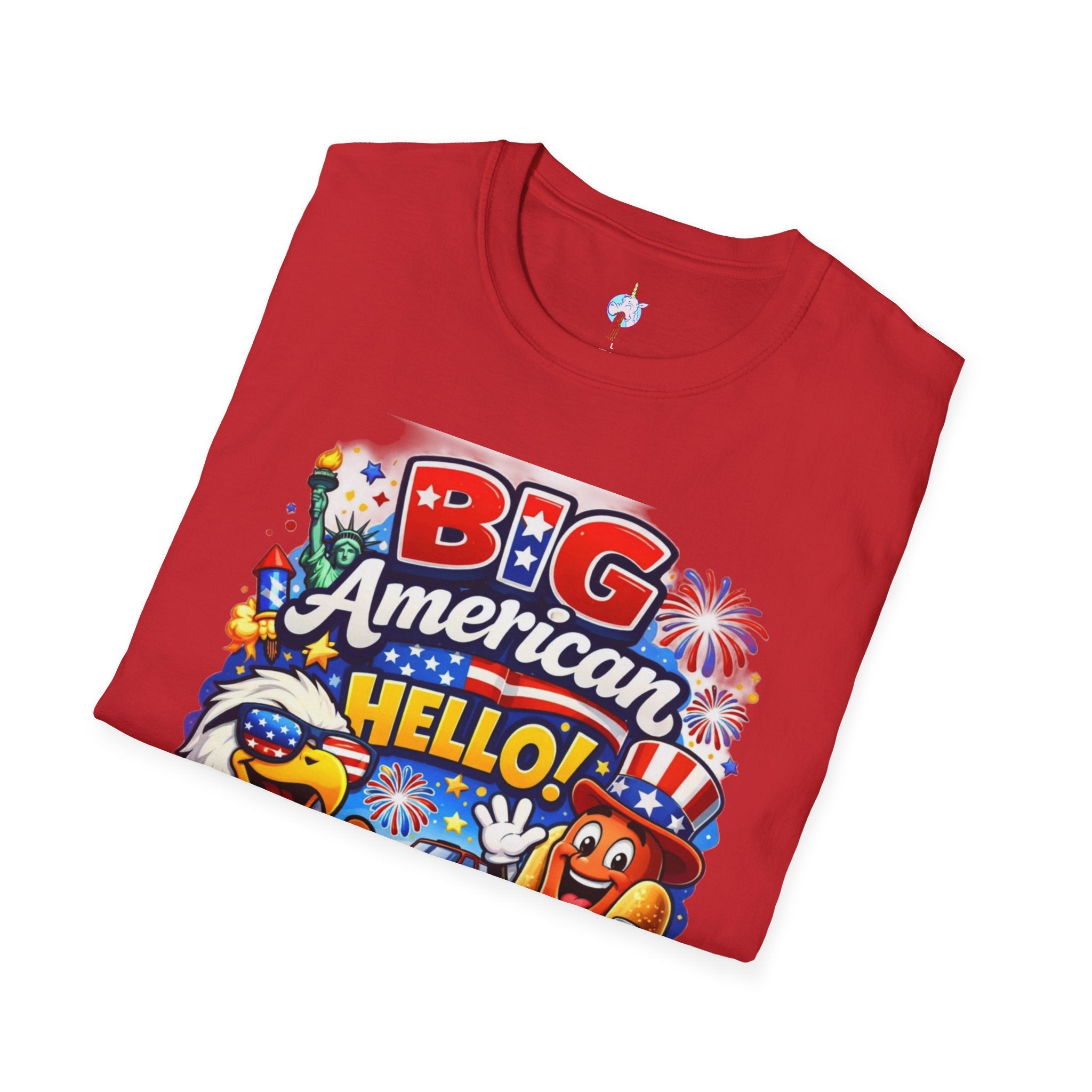 Fourth of July T-Shirt - "Big American Hello" Patriotic BBQ Eagle, Hot Dog &amp; Beer Tee