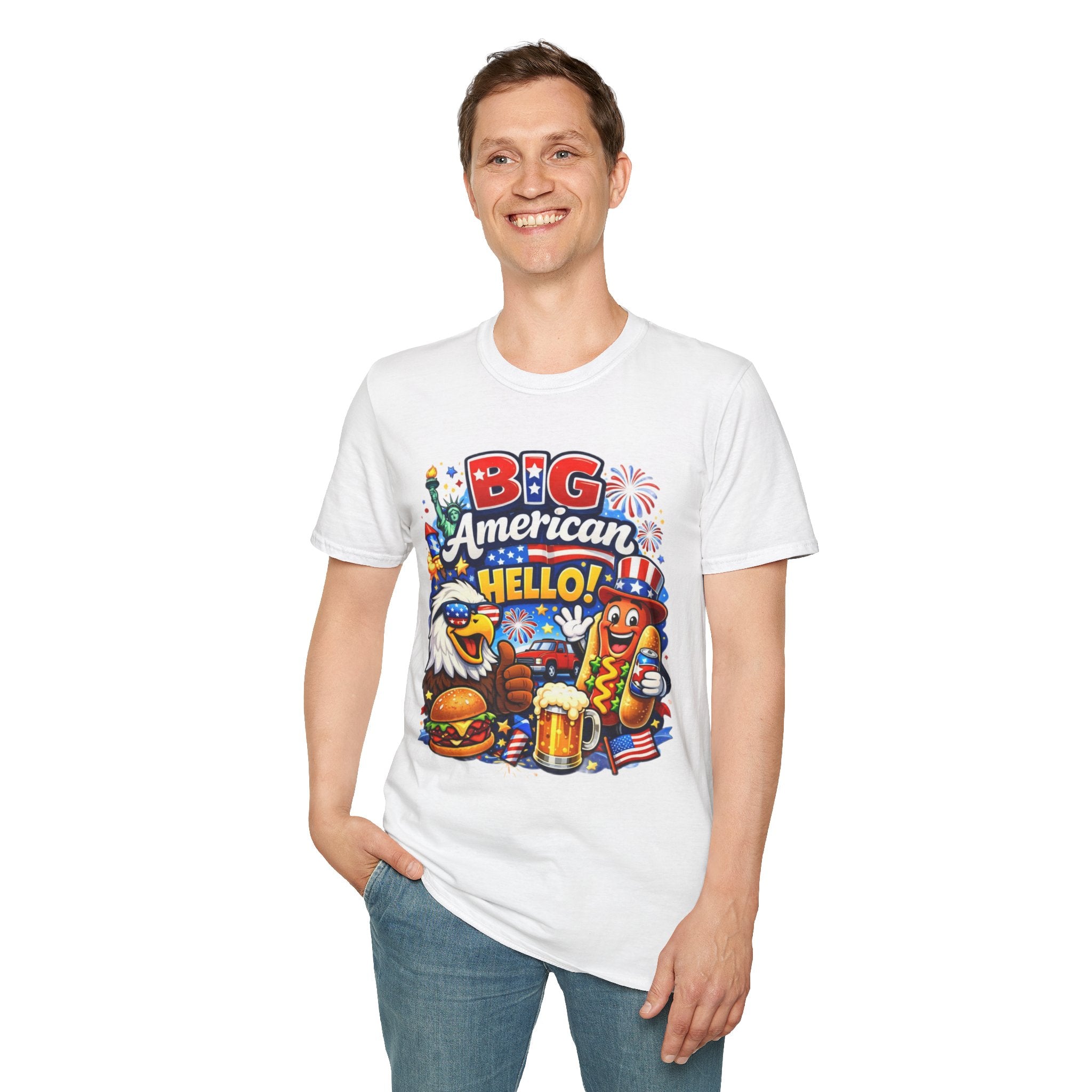 Fourth of July T-Shirt - "Big American Hello" Patriotic BBQ Eagle, Hot Dog &amp; Beer Tee