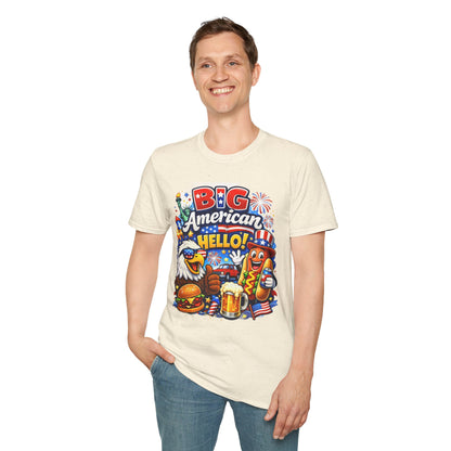 Fourth of July T-Shirt - "Big American Hello" Patriotic BBQ Eagle, Hot Dog &amp; Beer Tee
