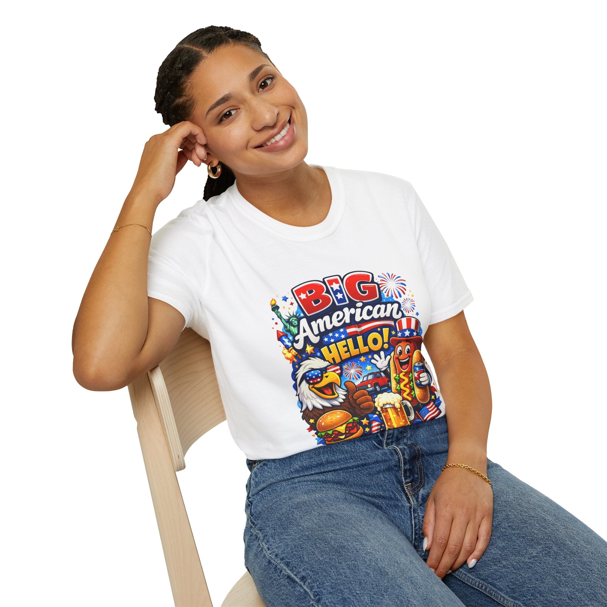 Big American Hello Funny T-Shirt Sarcastic Patriotic Graphic Tee Funny USA Gift 4th of July Novelty American Slogan Tee