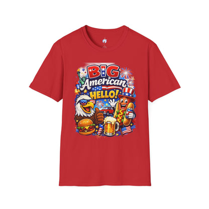 Fourth of July T-Shirt - "Big American Hello" Patriotic BBQ Eagle, Hot Dog &amp; Beer Tee