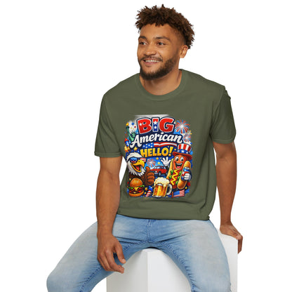 Fourth of July T-Shirt - "Big American Hello" Patriotic BBQ Eagle, Hot Dog &amp; Beer Tee