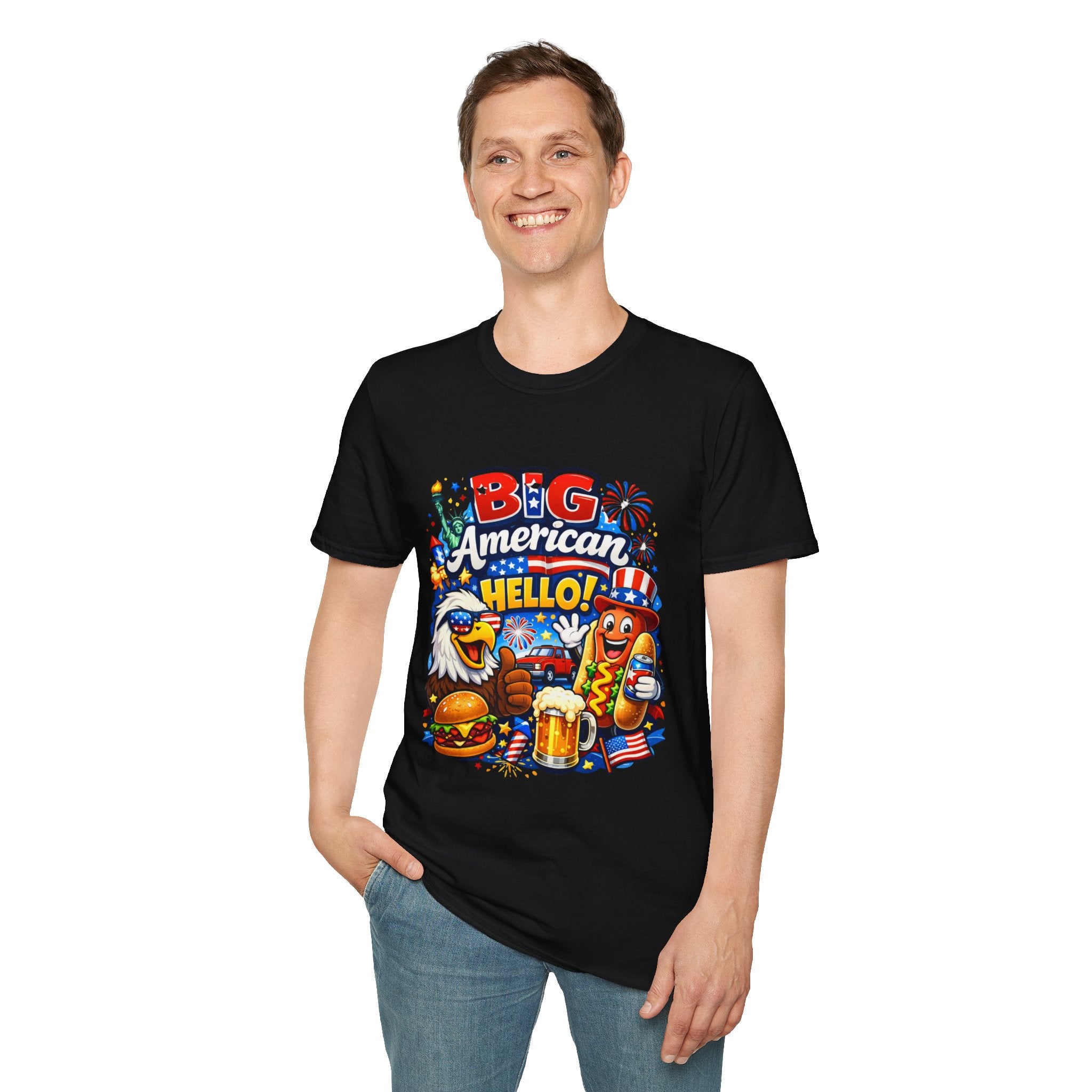 Big American Hello Funny T-Shirt Sarcastic Patriotic Graphic Tee Funny USA Gift 4th of July Novelty American Slogan Tee