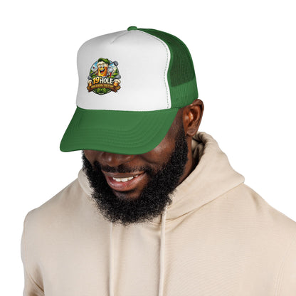 19 Hole Golf Trucker Cap — Funny Golfer Hat with Cartoon Mascot