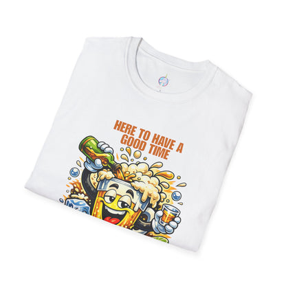 Beer Party T-Shirt — "Here to Have a Good Time" Cartoon Mug Graphic