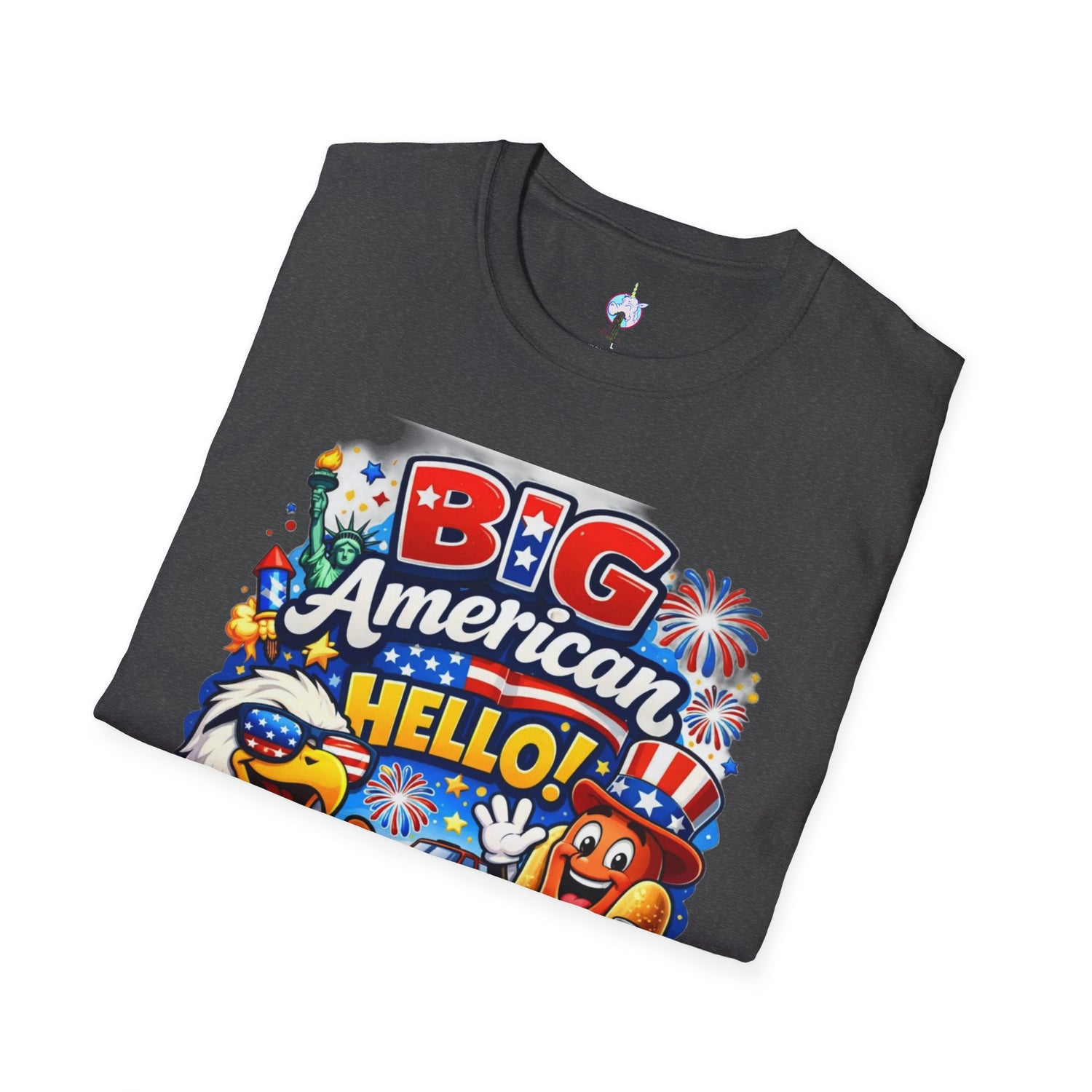 Fourth of July T-Shirt - "Big American Hello" Patriotic BBQ Eagle, Hot Dog &amp; Beer Tee