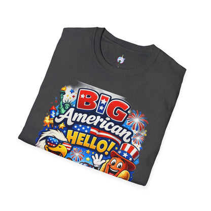 Fourth of July T-Shirt - "Big American Hello" Patriotic BBQ Eagle, Hot Dog &amp; Beer Tee