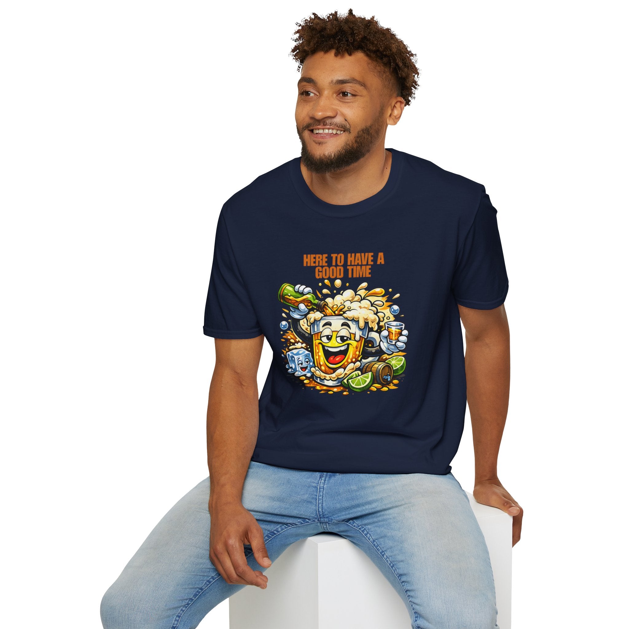 Beer Party T-Shirt — "Here to Have a Good Time" Cartoon Mug Graphic