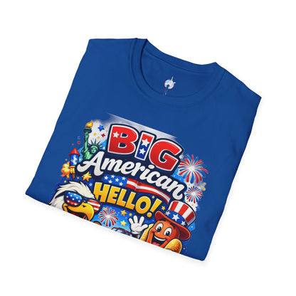 Fourth of July T-Shirt - "Big American Hello" Patriotic BBQ Eagle, Hot Dog &amp; Beer Tee