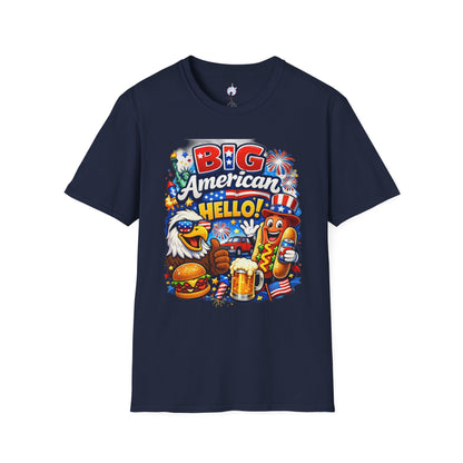 Fourth of July T-Shirt - "Big American Hello" Patriotic BBQ Eagle, Hot Dog &amp; Beer Tee