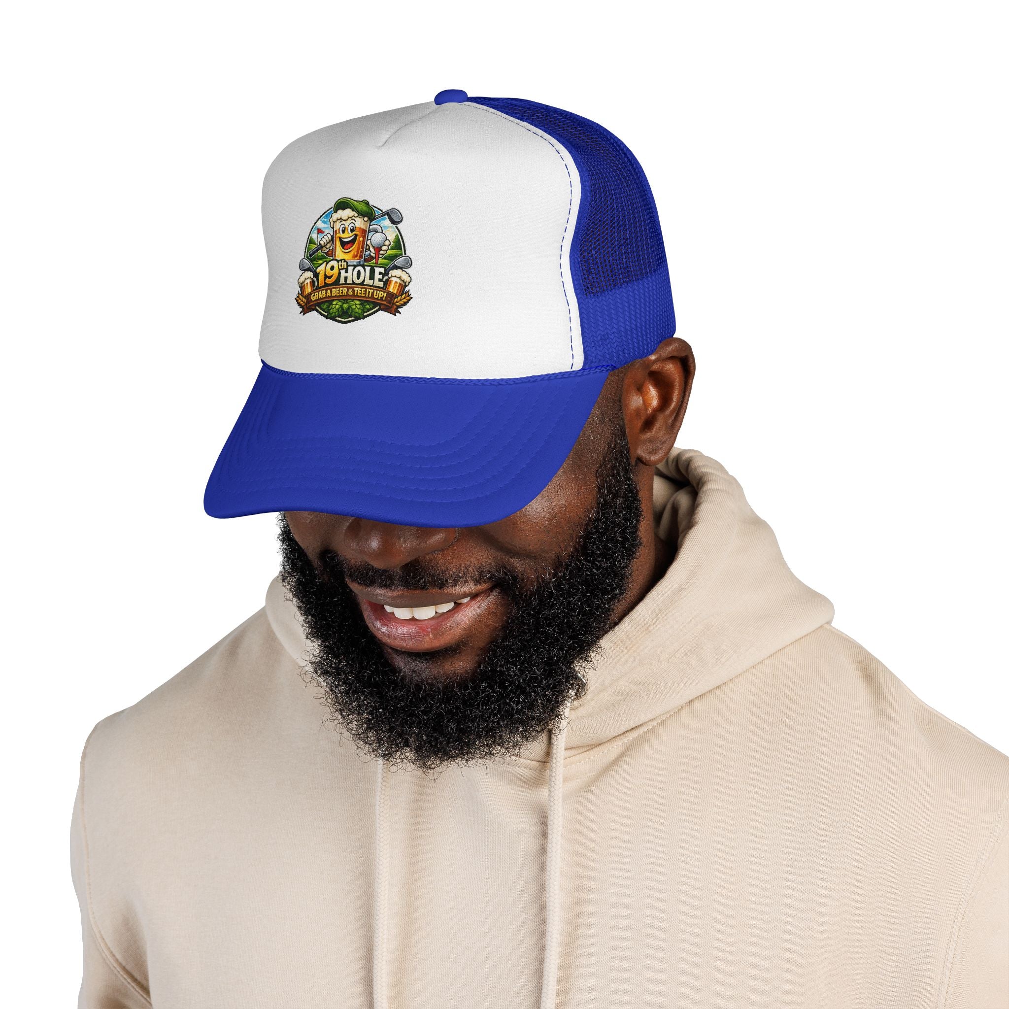 19 Hole Golf Trucker Cap — Funny Golfer Hat with Cartoon Mascot