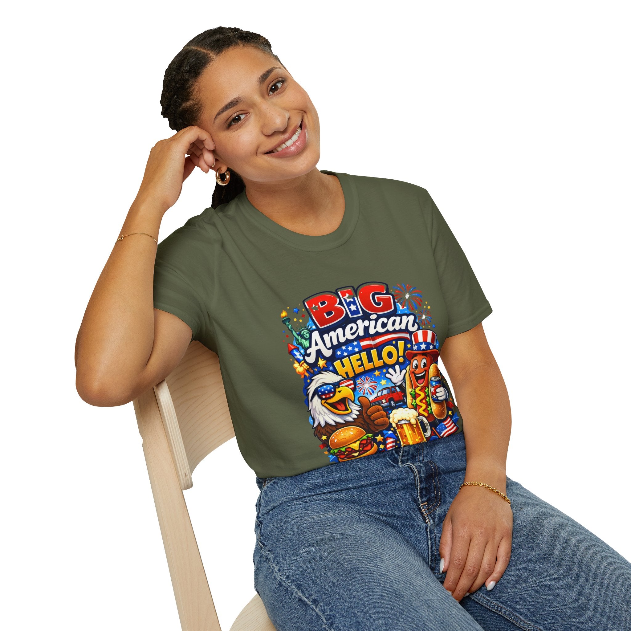 Big American Hello Funny T-Shirt Sarcastic Patriotic Graphic Tee Funny USA Gift 4th of July Novelty American Slogan Tee