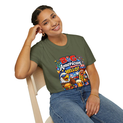Big American Hello Funny T-Shirt Sarcastic Patriotic Graphic Tee Funny USA Gift 4th of July Novelty American Slogan Tee