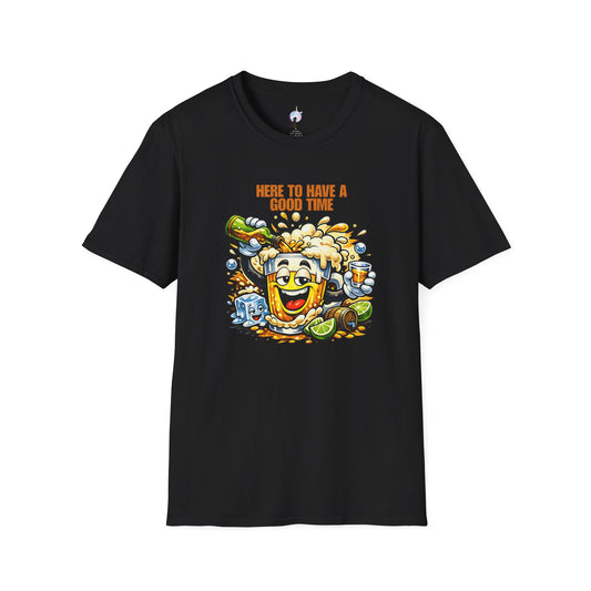 Beer Party T-Shirt — "Here to Have a Good Time" Cartoon Mug Graphic