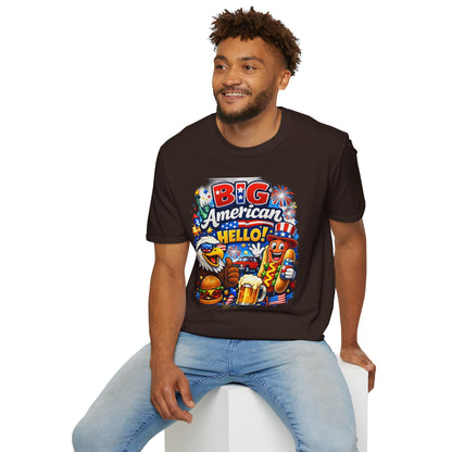 Fourth of July T-Shirt - "Big American Hello" Patriotic BBQ Eagle, Hot Dog &amp; Beer Tee