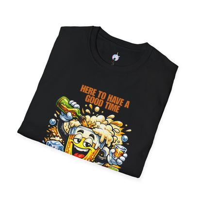 Beer Party T-Shirt — "Here to Have a Good Time" Cartoon Mug Graphic