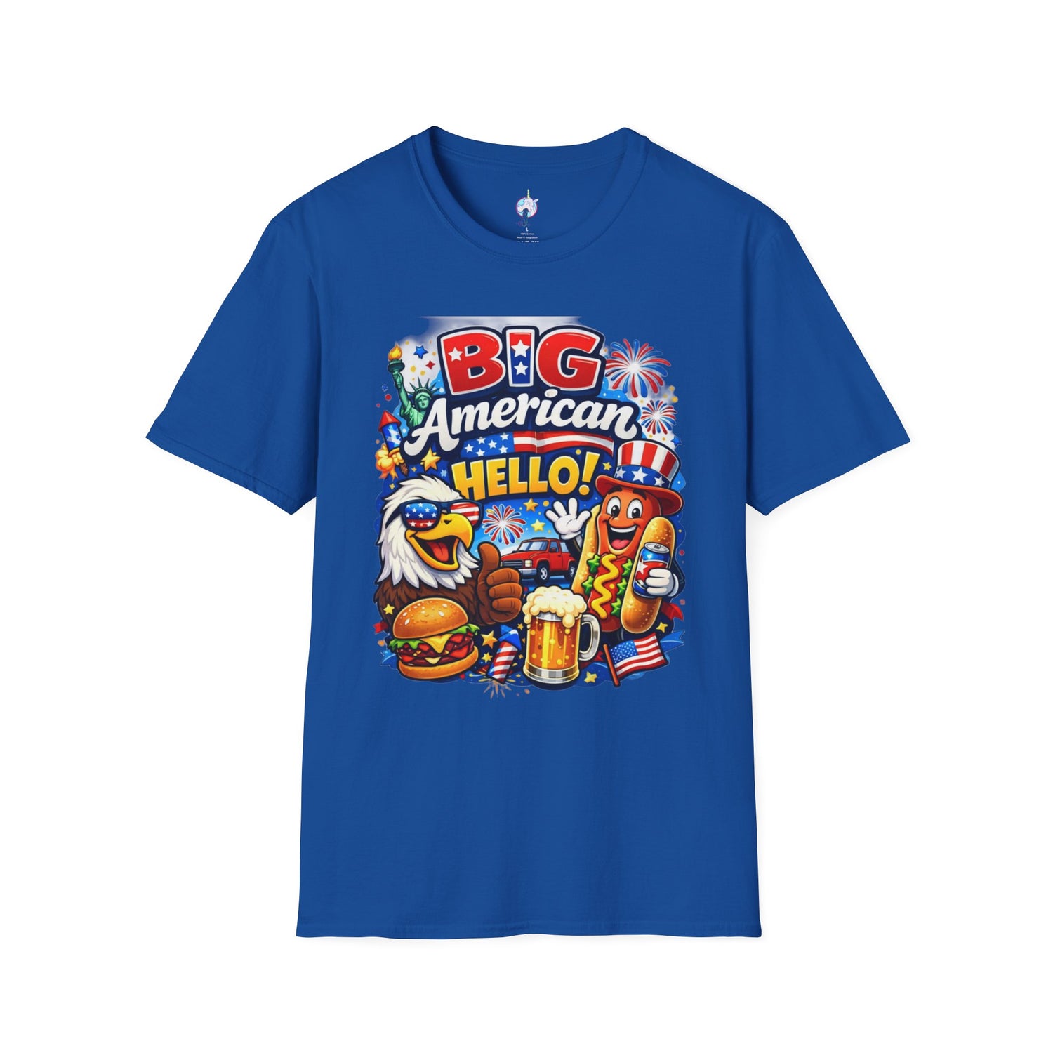 Fourth of July T-Shirt - "Big American Hello" Patriotic BBQ Eagle, Hot Dog &amp; Beer Tee