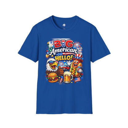 Fourth of July T-Shirt - "Big American Hello" Patriotic BBQ Eagle, Hot Dog &amp; Beer Tee