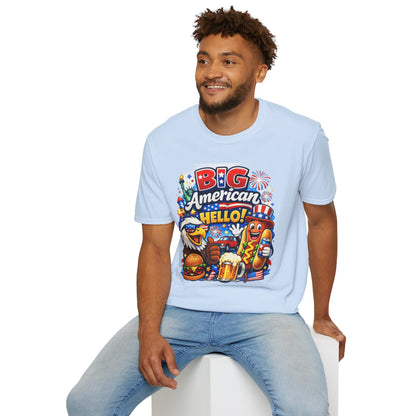 Fourth of July T-Shirt - "Big American Hello" Patriotic BBQ Eagle, Hot Dog &amp; Beer Tee