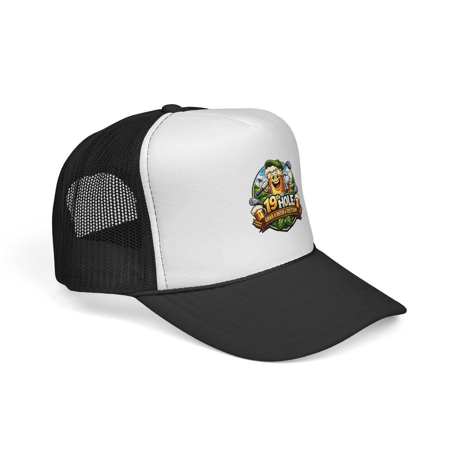 19 Hole Golf Trucker Cap — Funny Golfer Hat with Cartoon Mascot