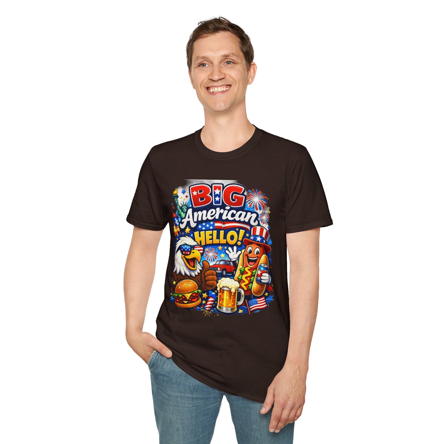 Fourth of July T-Shirt - "Big American Hello" Patriotic BBQ Eagle, Hot Dog &amp; Beer Tee