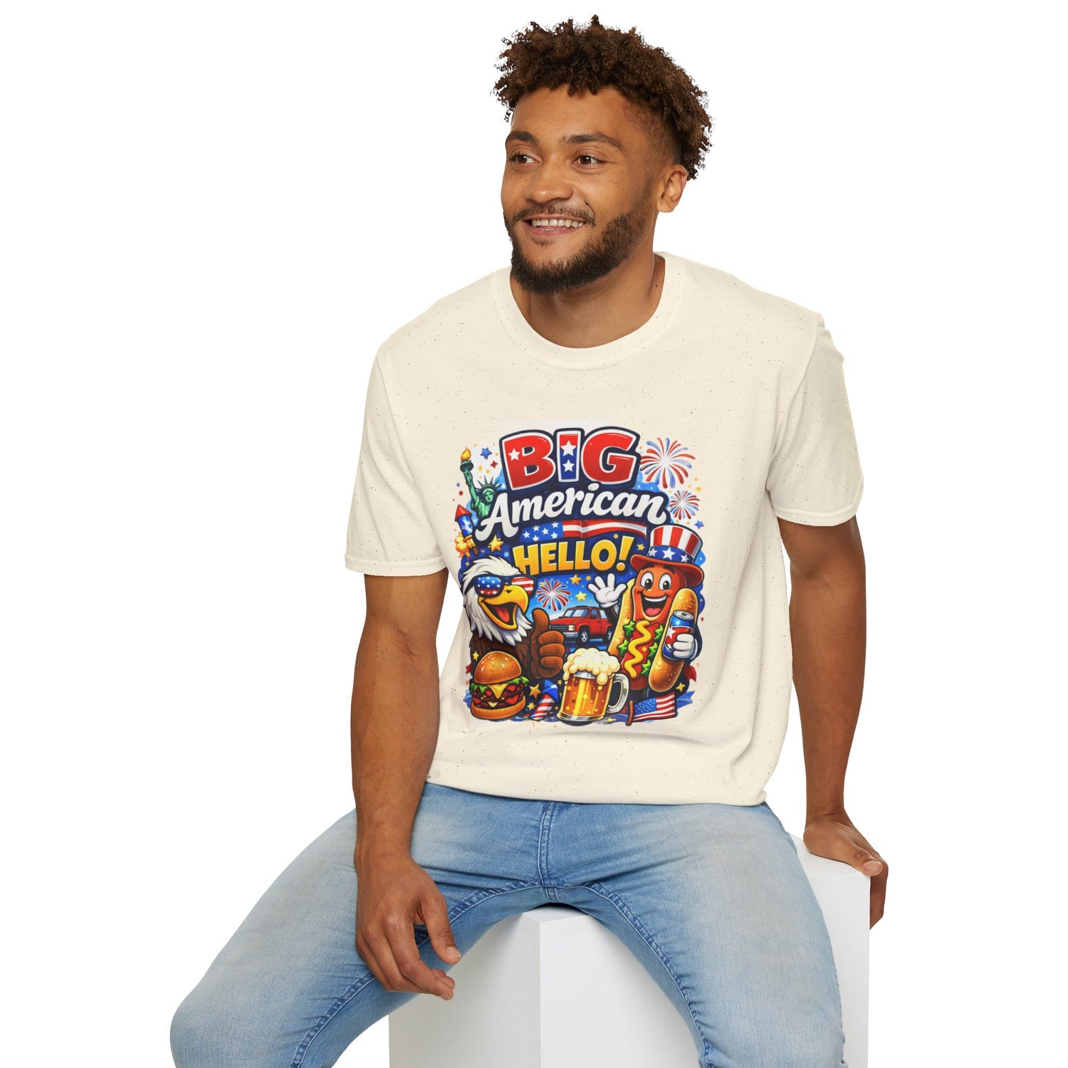 Fourth of July T-Shirt - "Big American Hello" Patriotic BBQ Eagle, Hot Dog &amp; Beer Tee