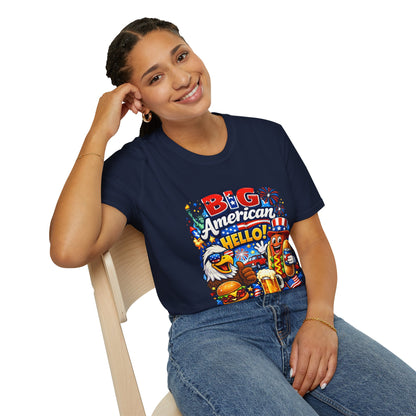 Big American Hello Funny T-Shirt Sarcastic Patriotic Graphic Tee Funny USA Gift 4th of July Novelty American Slogan Tee