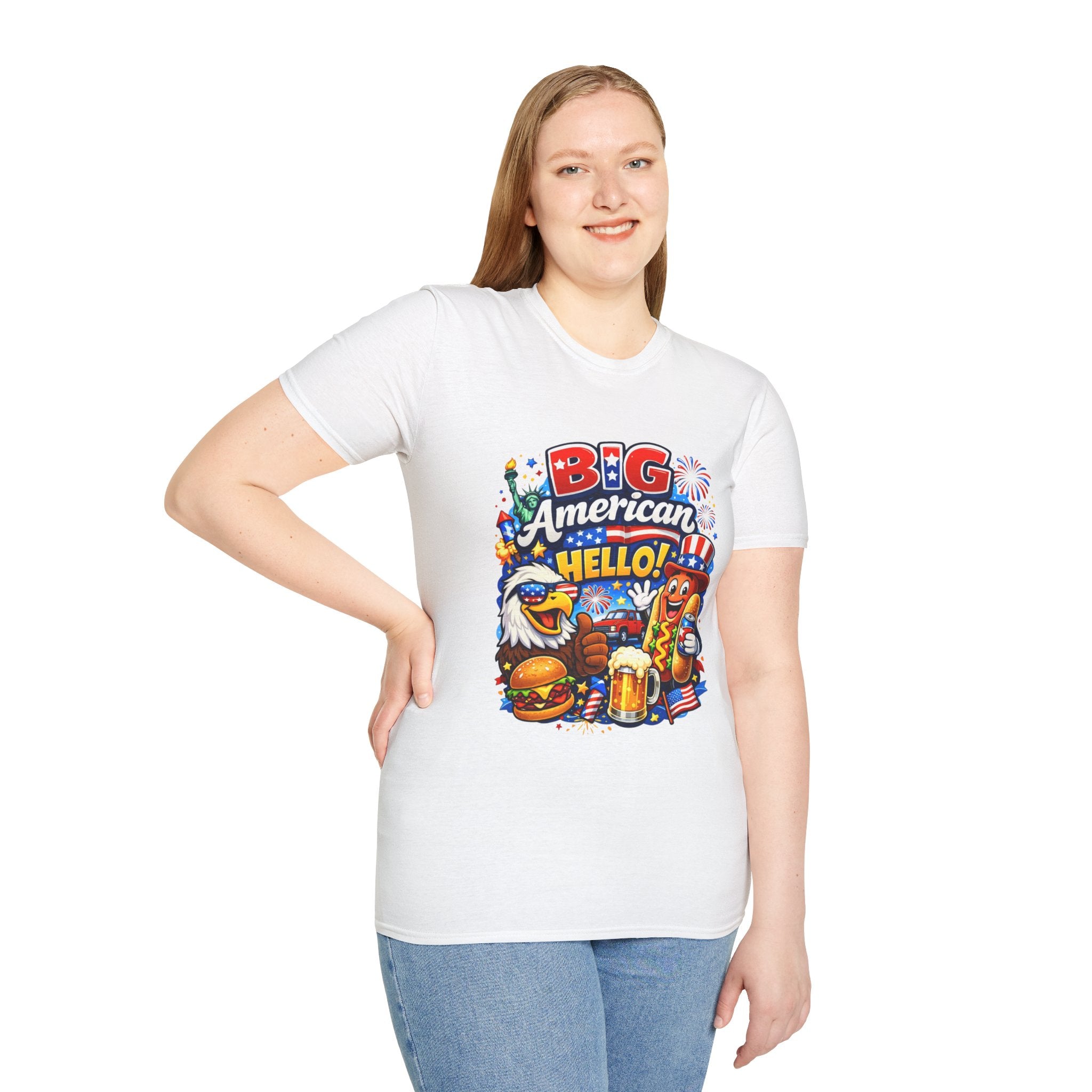 Big American Hello Funny T-Shirt Sarcastic Patriotic Graphic Tee Funny USA Gift 4th of July Novelty American Slogan Tee