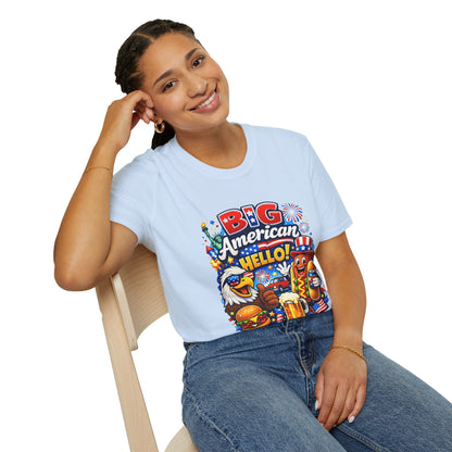 Big American Hello Funny T-Shirt Sarcastic Patriotic Graphic Tee Funny USA Gift 4th of July Novelty American Slogan Tee