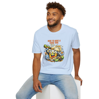 Beer Party T-Shirt — "Here to Have a Good Time" Cartoon Mug Graphic