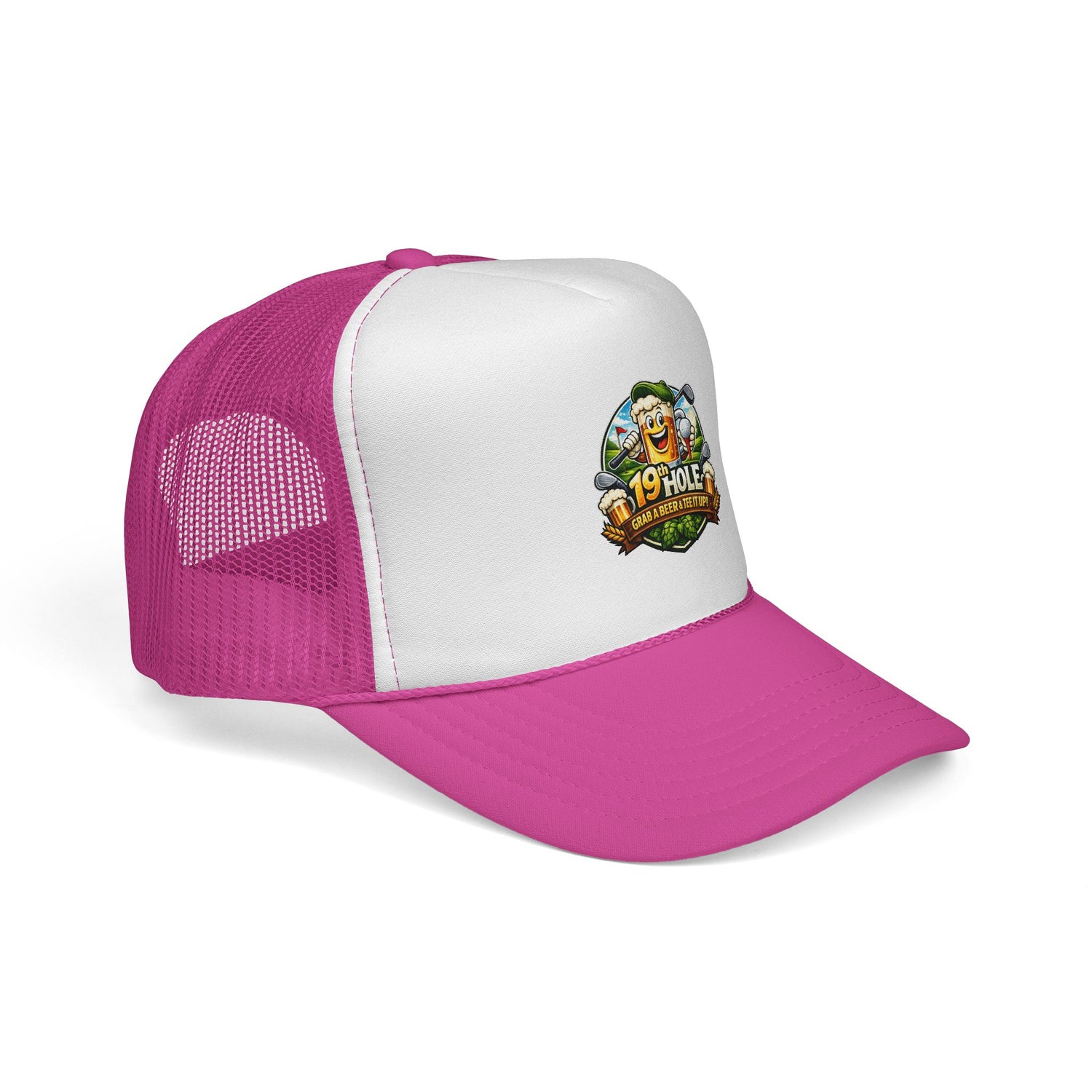 19 Hole Golf Trucker Cap — Funny Golfer Hat with Cartoon Mascot