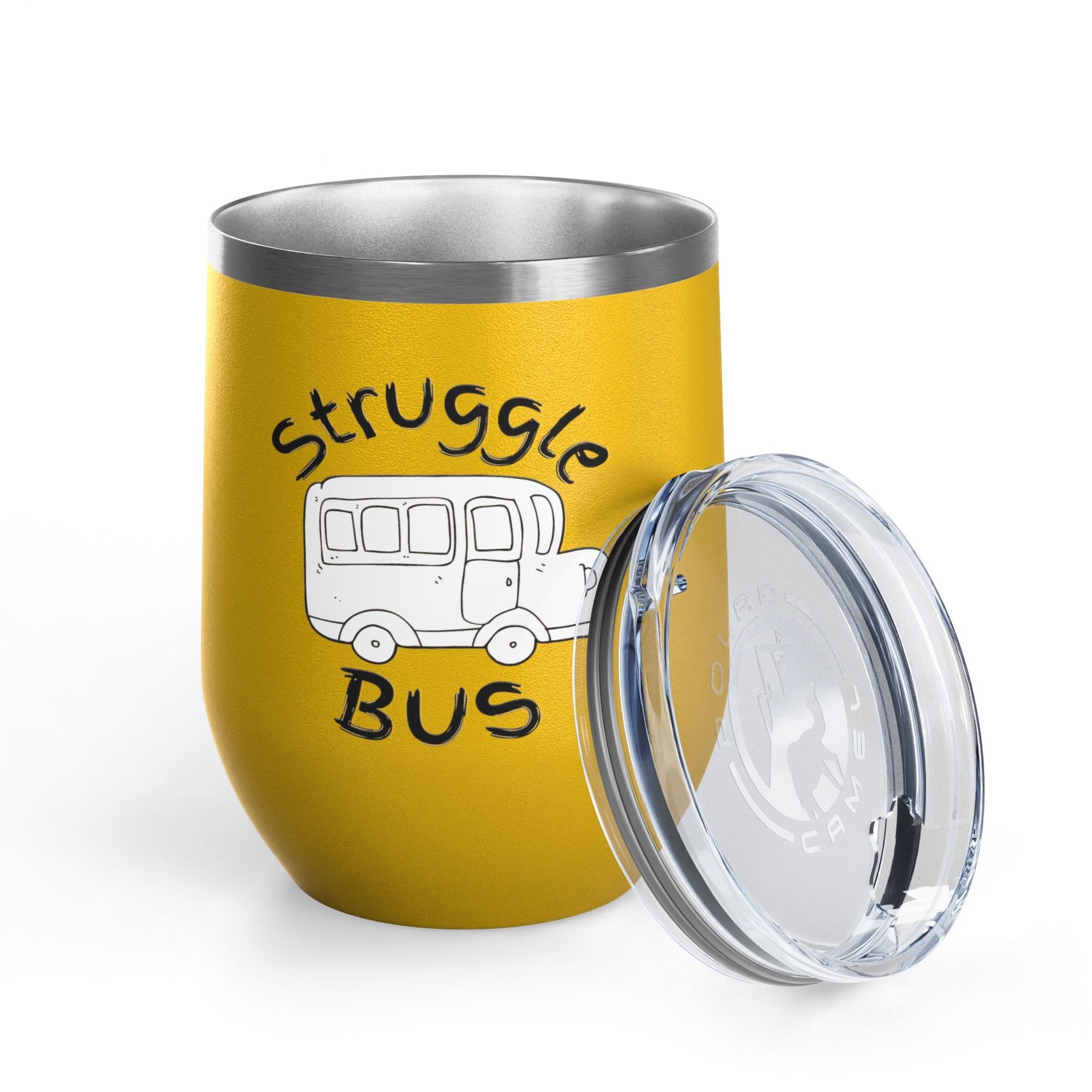 Struggle Bus 12oz Wine Tumbler — Funny Travel Bus Design, Gift for Frazzled Friends