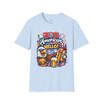 Fourth of July T-Shirt - "Big American Hello" Patriotic BBQ Eagle, Hot Dog &amp; Beer Tee