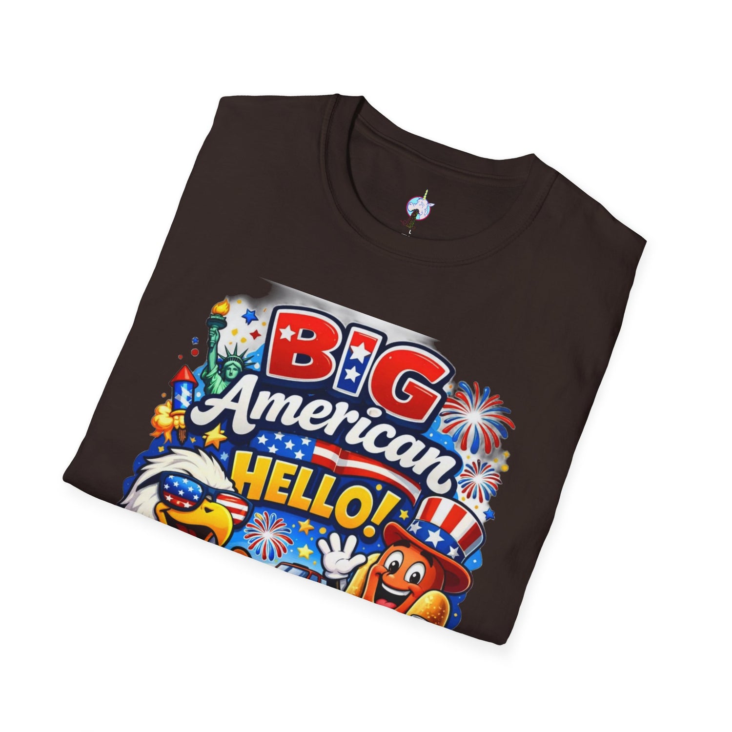 Fourth of July T-Shirt - "Big American Hello" Patriotic BBQ Eagle, Hot Dog &amp; Beer Tee