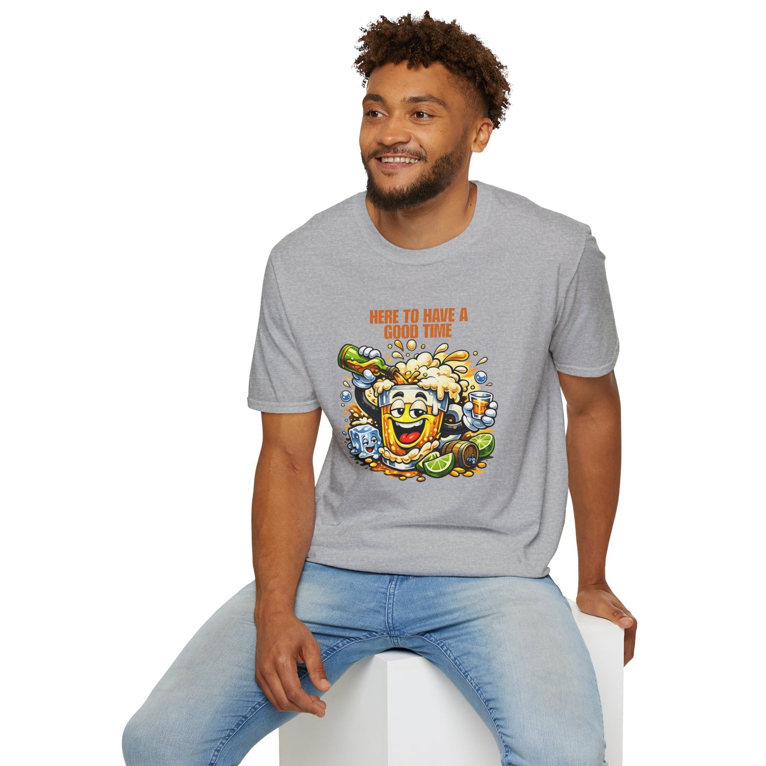 Beer Party T-Shirt — "Here to Have a Good Time" Cartoon Mug Graphic