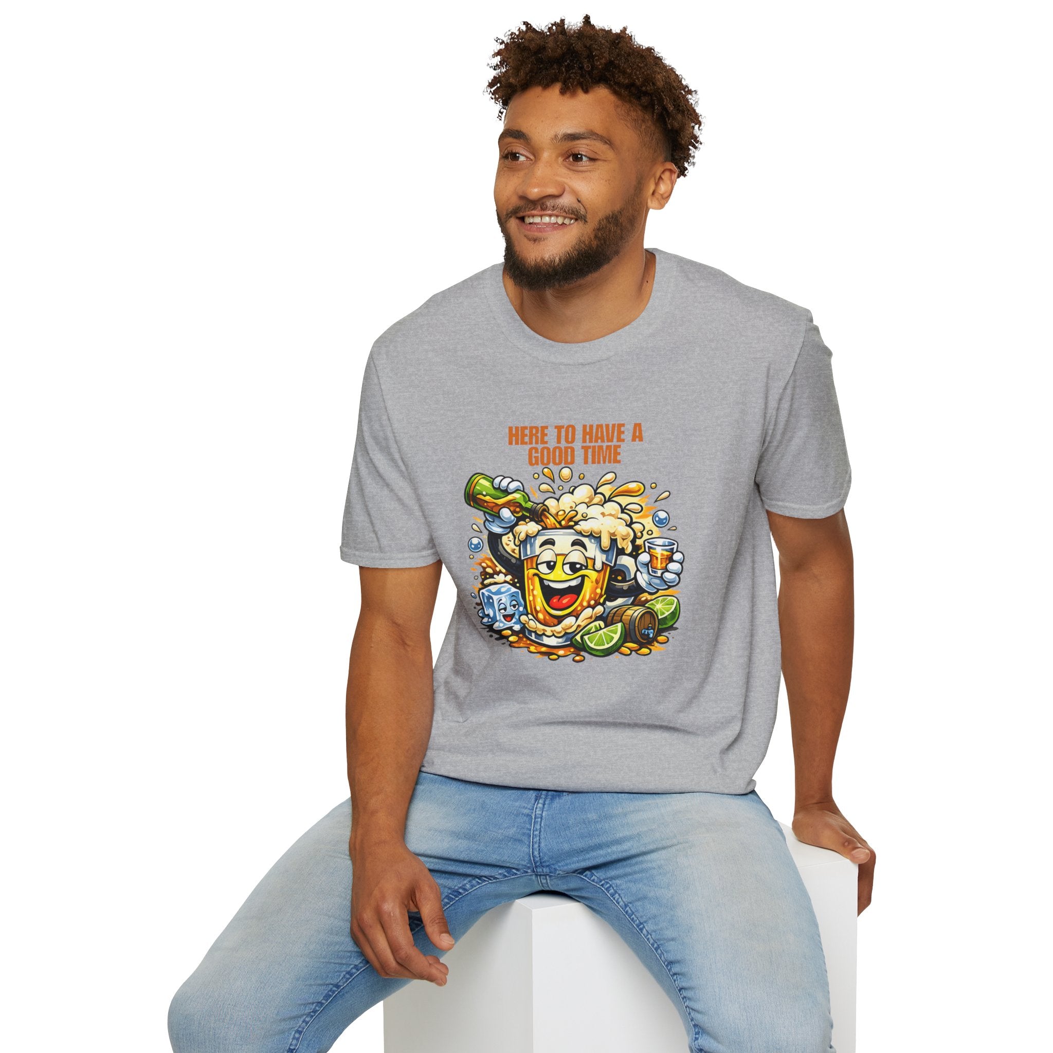 Beer Party T-Shirt — "Here to Have a Good Time" Cartoon Mug Graphic