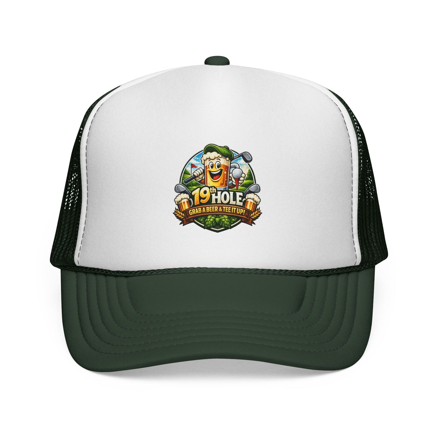 19 Hole Golf Trucker Cap — Funny Golfer Hat with Cartoon Mascot